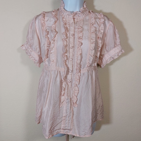 Eduardo Blanco 100% Silk Regency Vibe Ruffled Top, Size Large - Picture 2 of 12